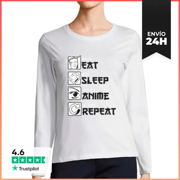 Camiseta Mujer Manga Larga Regalo De Anime Divertido Comer Dormir
