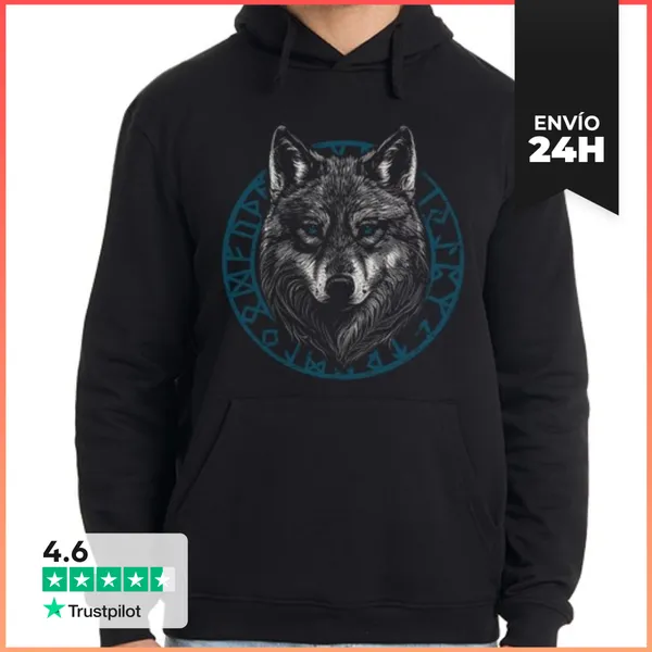 Sudadera Unisex Con Capucha Dibujo De Lobo Y Runas Vikingas,