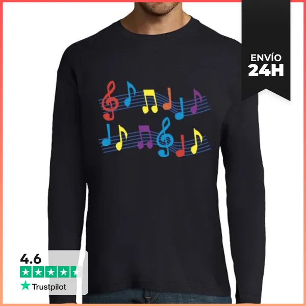 Camiseta Hombre Manga Larga Camiseta Negra Notas Musicales