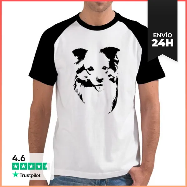Camiseta Hombre, Estilo Béisbol Border Collie Black Head