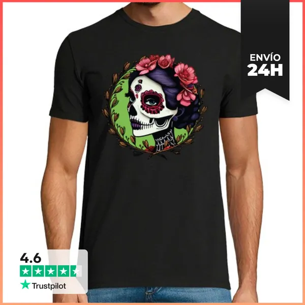 Camiseta Hombre Clásica Catrina Enmarcada Perfil Recogido Flore