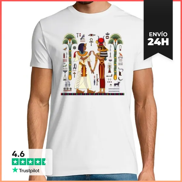 Camiseta Hombre Clásica Faraón Y Diosa Egipcia Con Jeroglíficos Y