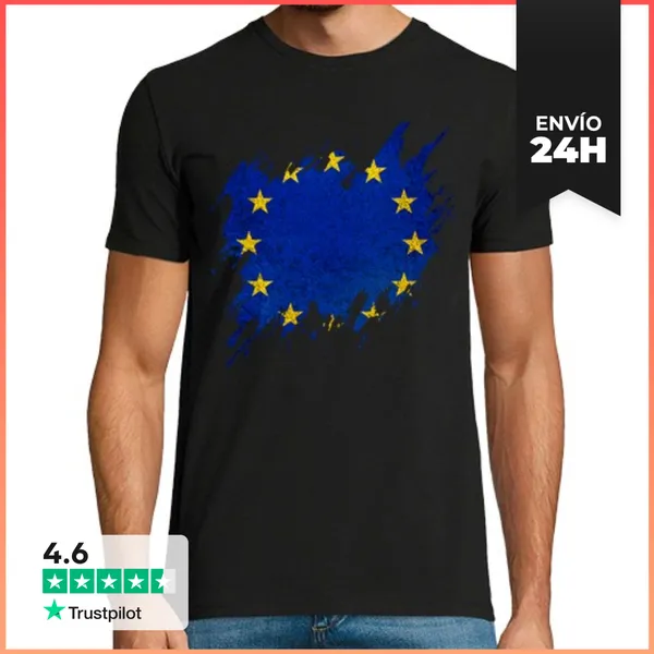 Camiseta Hombre Clásica Bandera De Europa Rasgada, Grunge