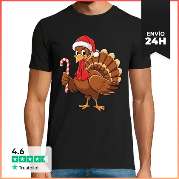 Camiseta Hombre Clásica Pavo Con Gorro De Navidad Acción De Gra