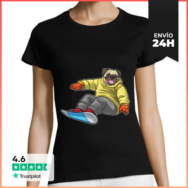 Camiseta Mujer Clásica Snowboarder Pug LaTostadora