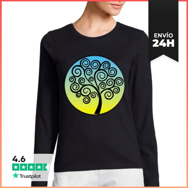 Camiseta Mujer Manga Larga Árbol De La Vida Negro Sobre Fondo