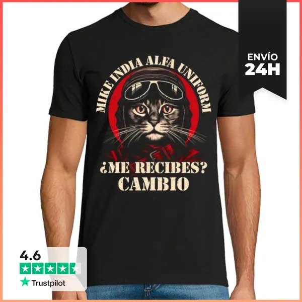 Camiseta Hombre Clásica Gato Piloto Alfabeto Fonético Avión