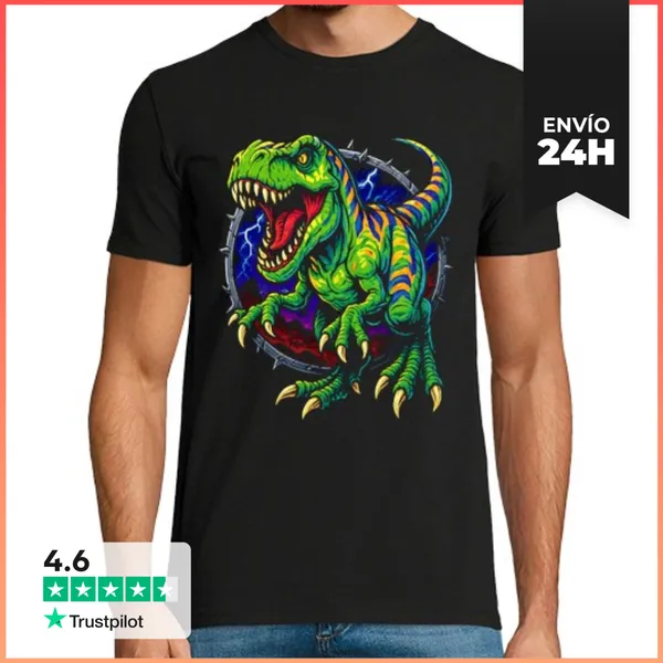 Camiseta Hombre Clásica Dinosaurio T-Rex Jurassic Park Neón