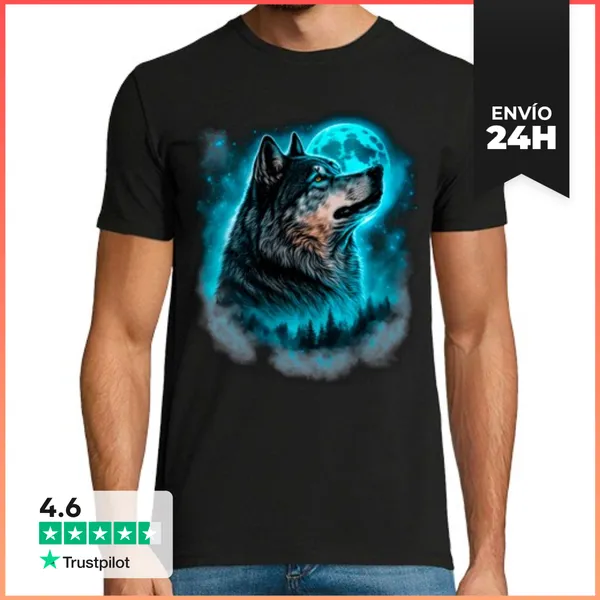 Camiseta Hombre Clásica Lobo Bosque Noche Luna LLena Animales