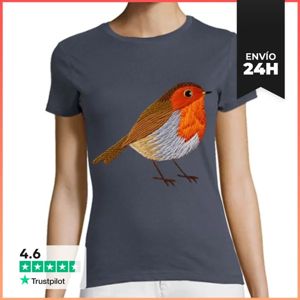 Camiseta Mujer Clásica Lindo Petirrojo Con Bordado De Pájaro Y