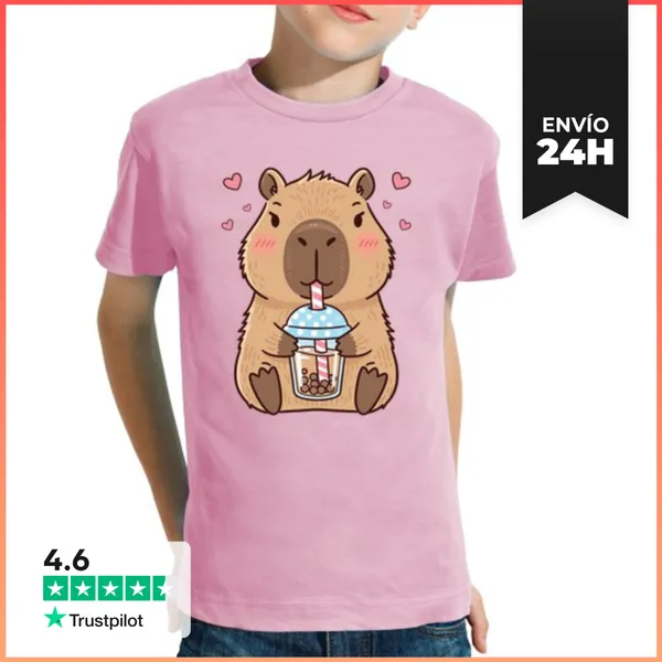 Camiseta Clásica Para Niños Capibara Kawaii Con Té De Burbujas