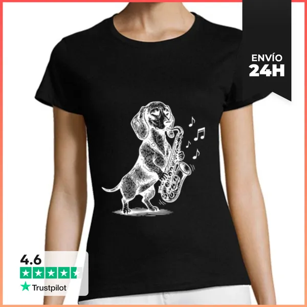 Camiseta Mujer Clásica Arte De Perro Saxofón Dachshund
