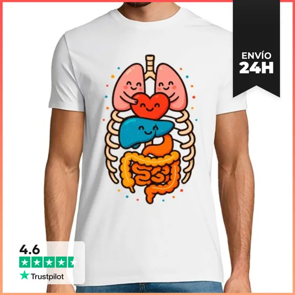 Camiseta Hombre Clásica Anatomia Humana Kawaii Organos Felices