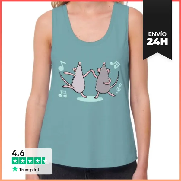 Camiseta Mujer Sin Mangas, Loose Fit Ratas Bailando Música