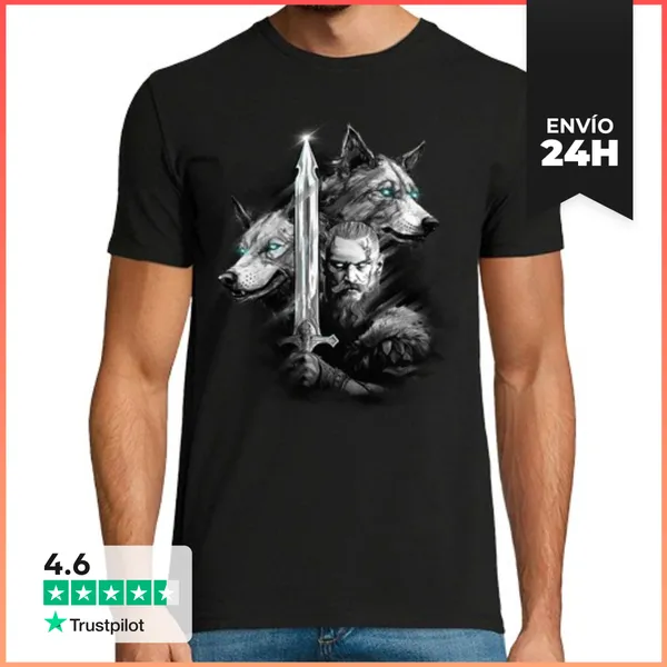 Camiseta Hombre Clásica Vikingo Guerrero Espada Lobos Feroces