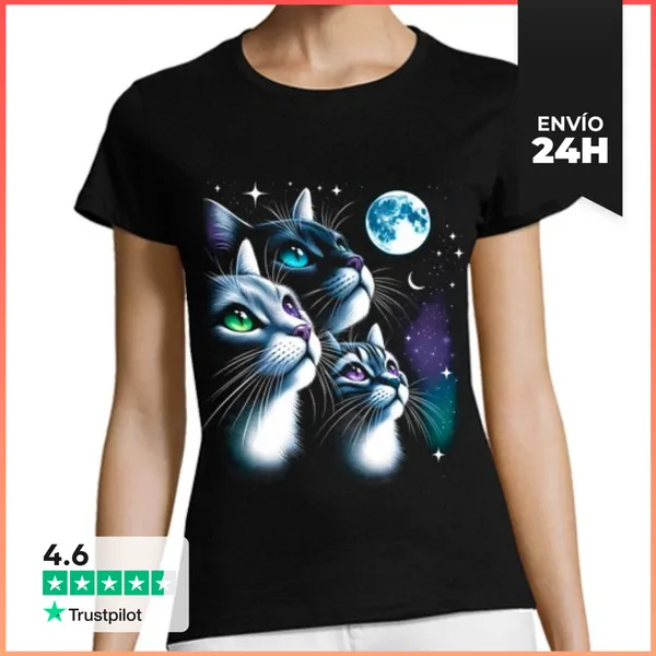 Camiseta Mujer Clásica Gatos A La Luz De La Luna Llena Gatitos