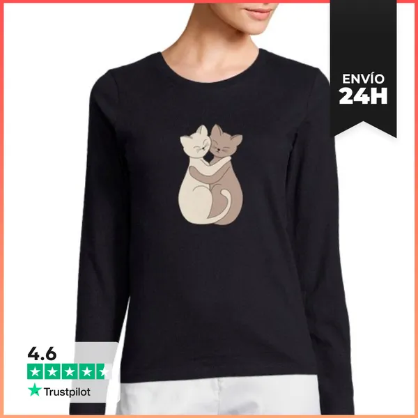 Camiseta Mujer Manga Larga Ilustración De Amistad De Gatos