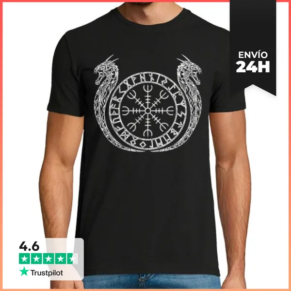 Camiseta Hombre Clásica Escudo Vikingo Dragones Runas Odin Ragnar