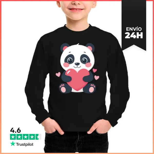 Camiseta Manga Larga Para Niños Oso Panda Kawaii Con Corazón