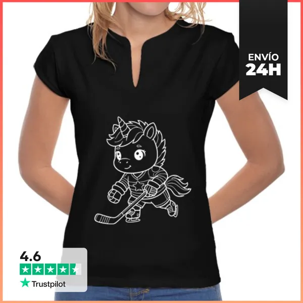Camiseta Mujer Cuello Mao Arte De Hockey Sobre Hielo De Unicornio