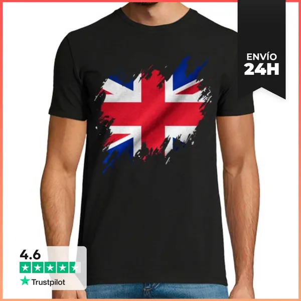 Camiseta Hombre Clásica Bandera De Reino Unido Rasgada, Grunge