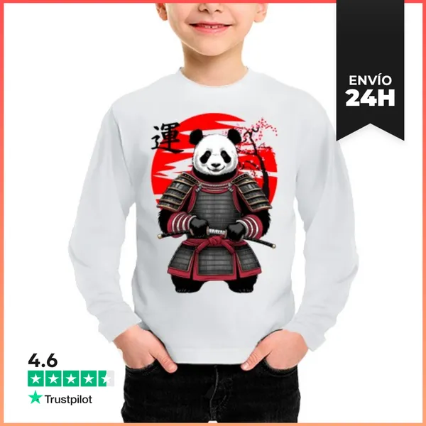 Camiseta Manga Larga Para Niños Lindo Panda Samurái LaTostadora
