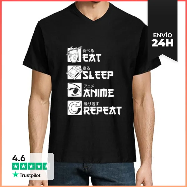 Camiseta Hombre, Cuello Pico Comer Dormir Anime Repetir Regalo