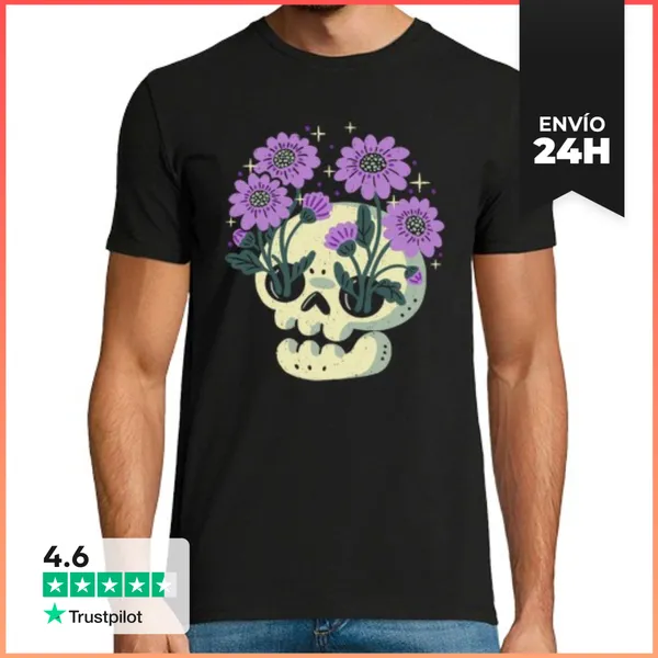 Camiseta Hombre Clásica Calavera Con Flores Moradas LaTostadora