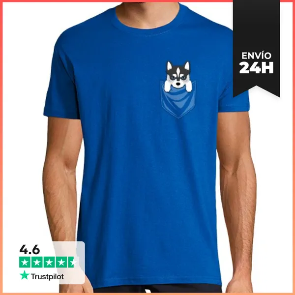 Camiseta Hombre Clásica Perro Husky Siberiano Bolsillo
