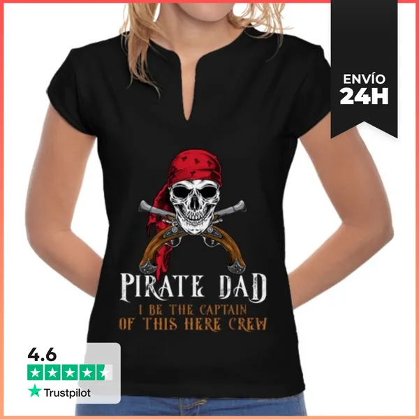Camiseta Mujer Cuello Mao Papá Pirata Yo Soy El Capitán Halloween