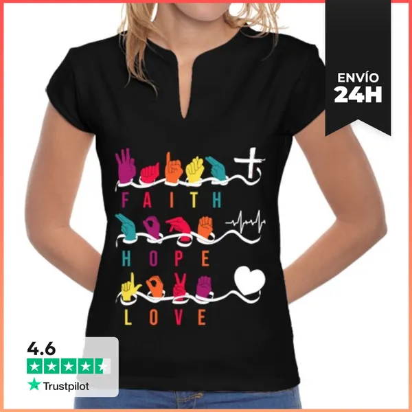 Camiseta Mujer Cuello Mao Fe Esperanza Amor Asl Lenguaje De Señas