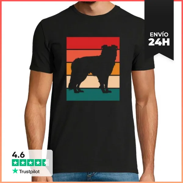 Camiseta Hombre Clásica Silueta De Border Collie Con Retro