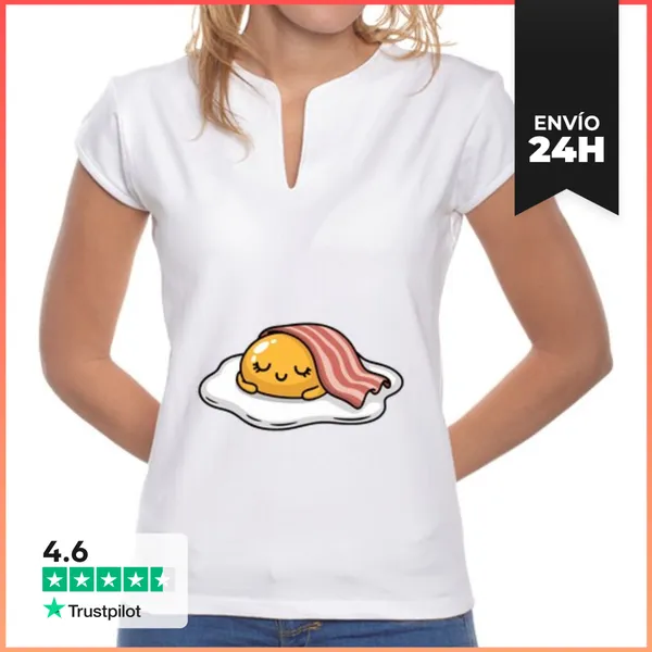 Camiseta Mujer Cuello Mao Huevo Durmiendo Con Tocino Caricatura