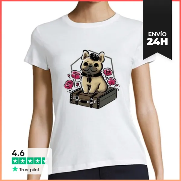 Camiseta Mujer Clásica Bulldog Francés En Maleta De Viaje Vintage