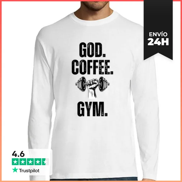 Camiseta Hombre Manga Larga Dios Café Gimnasio Mancuernas