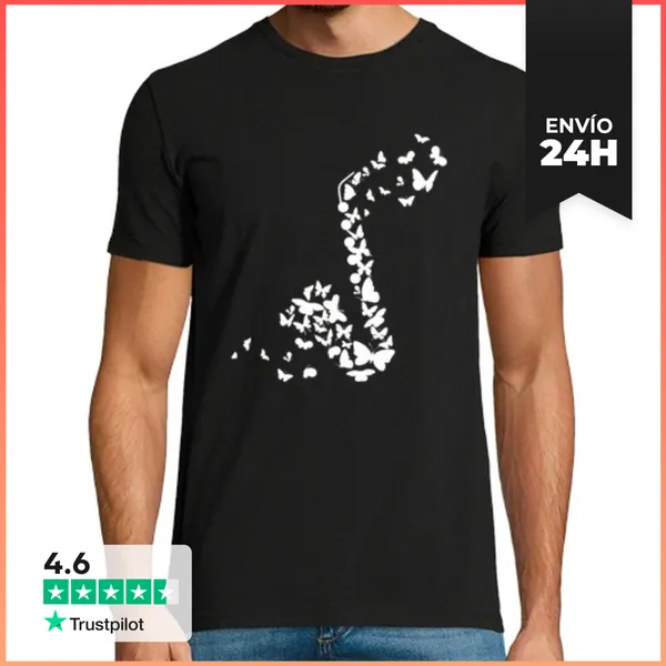 Camiseta Hombre Clásica Instrumento De Saxofón Con Mariposas