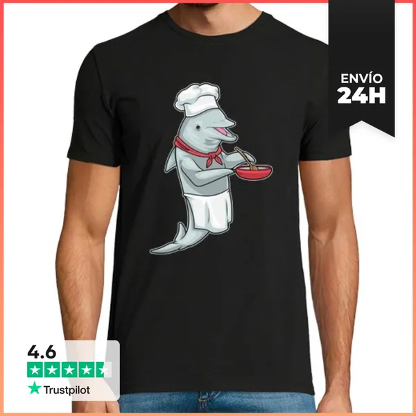 Camiseta Hombre Clásica Chef Delfín Cocinero En Sartén