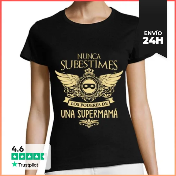Camiseta Mujer Clásica Mujer, Manga Corta, Negra, Calidad Premium