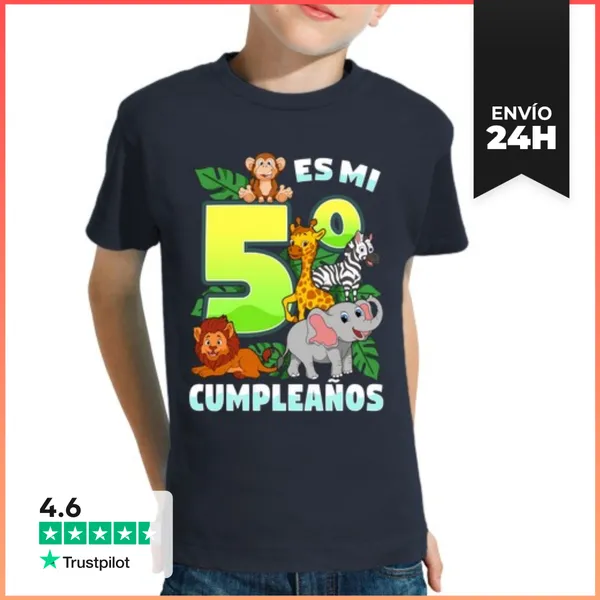 Camiseta Clásica Para Niños 5º Cumpleaños Animales Selva 5 Años
