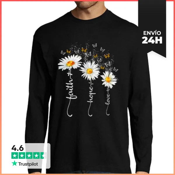 Camiseta Hombre Manga Larga Fe Esperanza Amor Mariposa Margarita