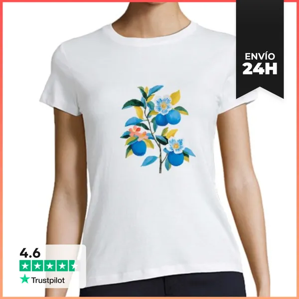 Camiseta Mujer Clásica Rama De Cítricos Azules Y Flores