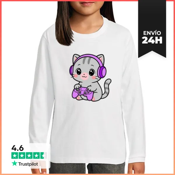Camiseta Manga Larga Para Niños Gato Gaming LaTostadora