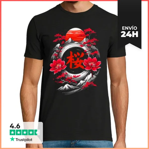 Camiseta Hombre Clásica Cerezos Rojos Del Monte Fuji LaTostadora