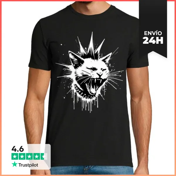 Camiseta Hombre Clásica Punk Gato Arte Callejero Pintada