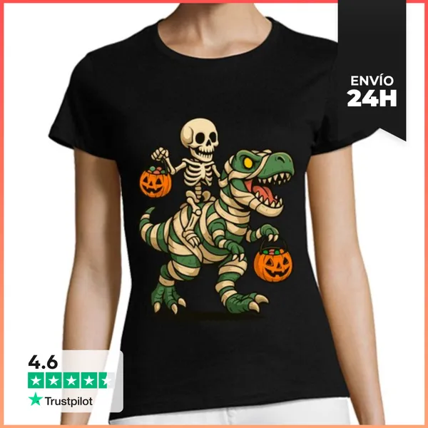 Camiseta Mujer Clásica Dinosaurio Momia Y Calabazas Halloween