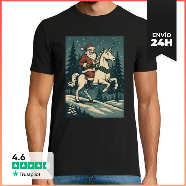 Camiseta Hombre Clásica Santa Montando Un Unicornio Hombres Muj