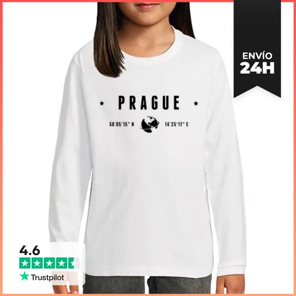Camiseta Manga Larga Para Niños Texto De Praga En Negro