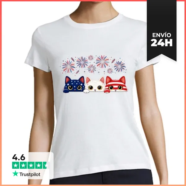 Camiseta Mujer Clásica Gato Patriótico Del 4 De Julio Bandera