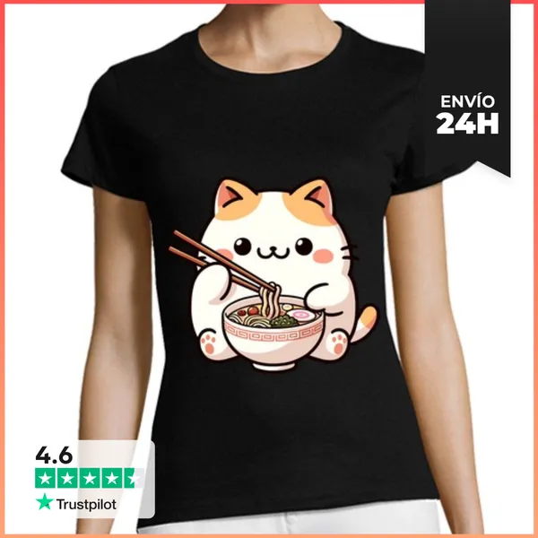 Camiseta Mujer Clásica Gato Neko Comiendo Fideos Ramen Anime