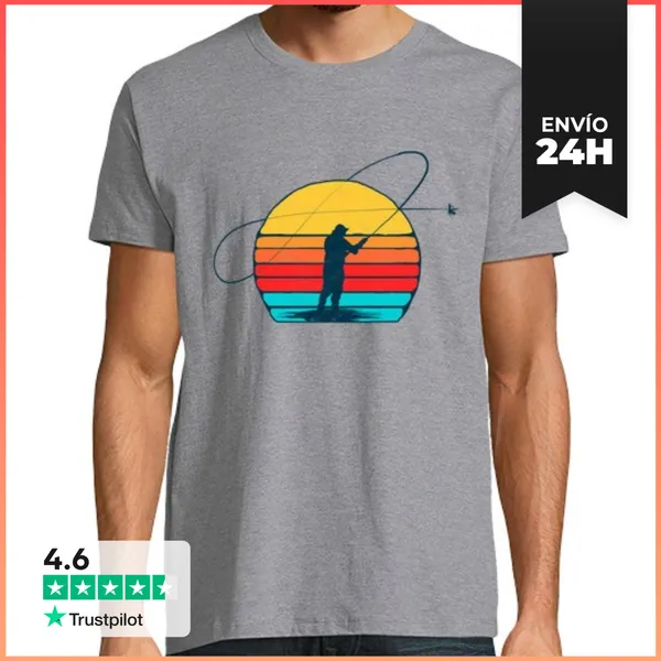 Camiseta Hombre Clásica Puesta De Sol Pescador Deporte Pesca